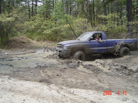 1995 Dodge 1500 - A blue 1995 Dodge 1500 pickup truck is stuck in a muddy off-road trail.