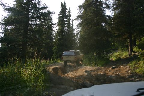 2003 Jeep TJ - A tan SUV navigates a rough dirt trail surrounded by dense trees and foliage.