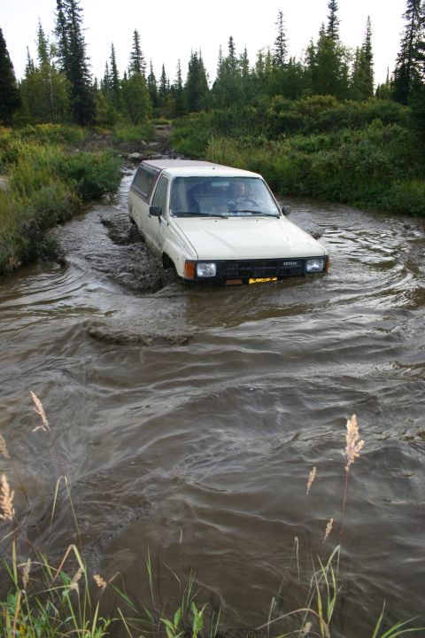 2003 Jeep TJ - A Toyota pickup truck navigates a water crossing surrounded by dense foliage and trees.