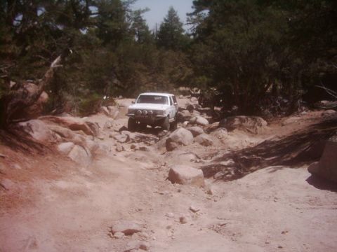1990 Ford Bronco - white SUV with round driving lights crawls down a rock-strewn wash trail surrounded by pines and dry brush.