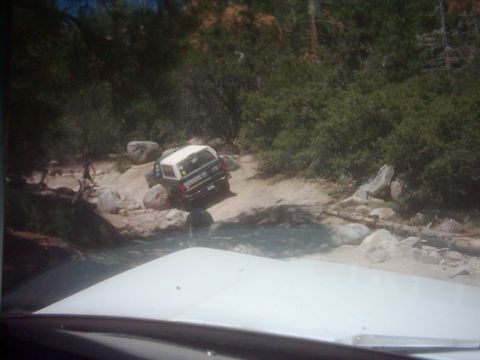 1990 Ford Bronco - Seen over a vehicle's white hood, a white SUV crawls down a rocky dirt trail through a sunlit pine forest.