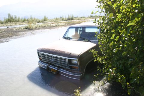 2003 Jeep TJ - A vintage Ford truck is partially submerged in a body of water, with foliage obscuring part of the vehicle.