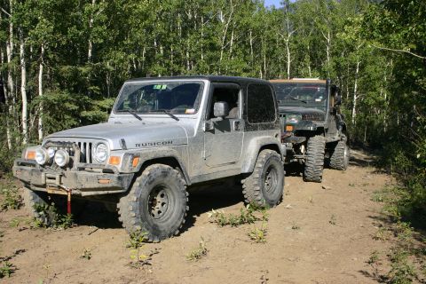 2003 Jeep TJ - Two Jeep Wranglers are parked on a dirt path surrounded by trees.