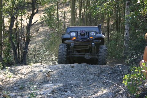 2003 Jeep TJ - A modified Jeep Wrangler navigates a steep, rocky trail surrounded by trees.