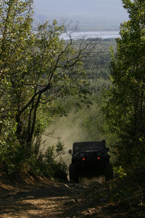 2003 Jeep TJ - A 2003 Jeep TJ navigates a dusty trail surrounded by dense forest, with a distant lake visible.