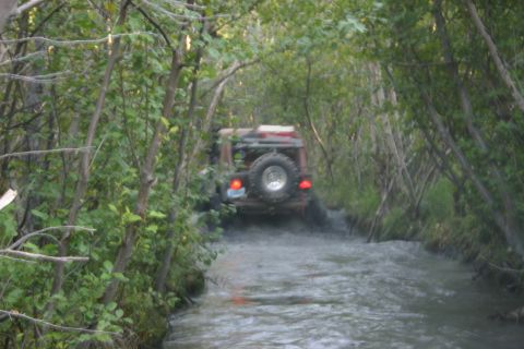 2003 Jeep TJ - A Jeep Wrangler navigates a muddy, water-logged path surrounded by dense trees.