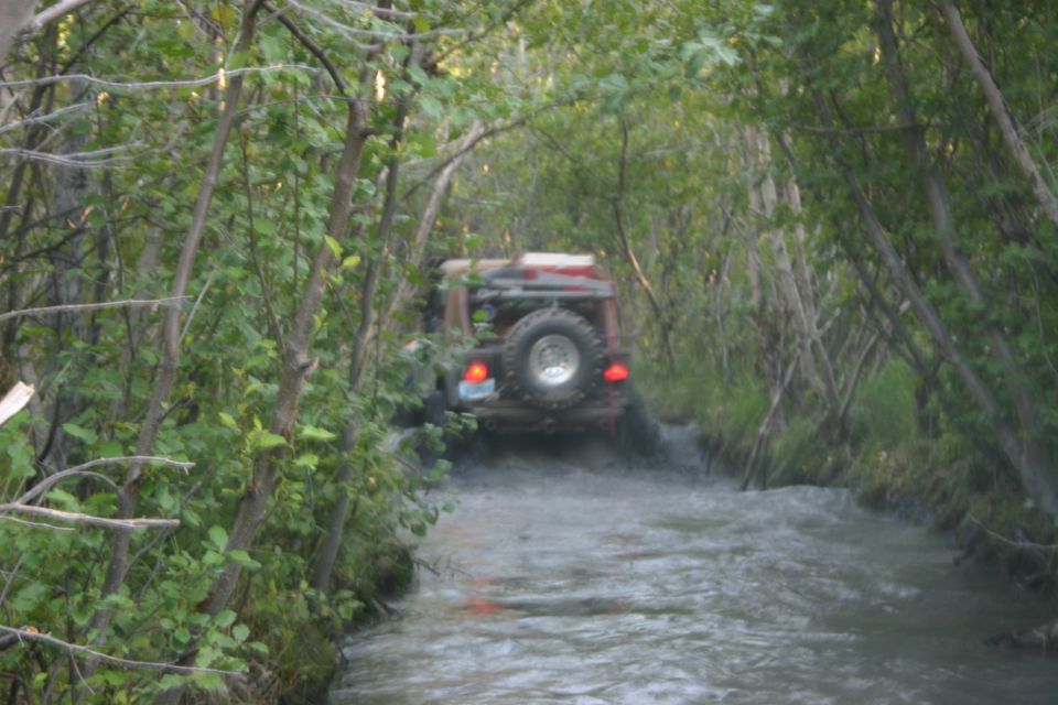Brown Jeep Wrangler driving through a water-filled forest trail, rear view