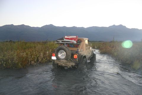 2003 Jeep TJ - A tan 2003 Jeep TJ navigates a shallow stream, with a backdrop of distant mountains and vegetation.