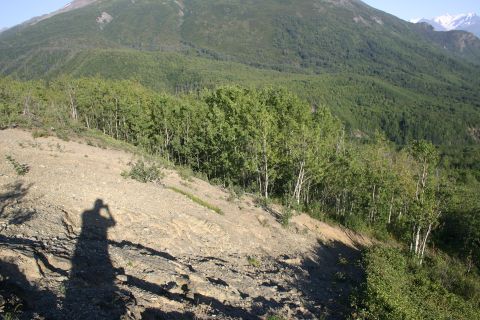 2003 Jeep TJ - A person's shadow is cast on a rocky slope overlooking a dense forest and distant mountains.