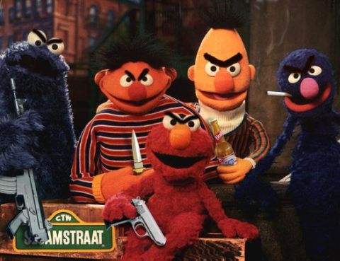 1995 Ford Bronco - A group of Sesame Street characters are depicted in a gritty, urban setting, holding firearms and a beer.