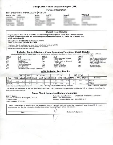 1995 Ford Taurus - This document is a 1995 Smog Check Vehicle Inspection Report, detailing vehicle information and emission test results.
