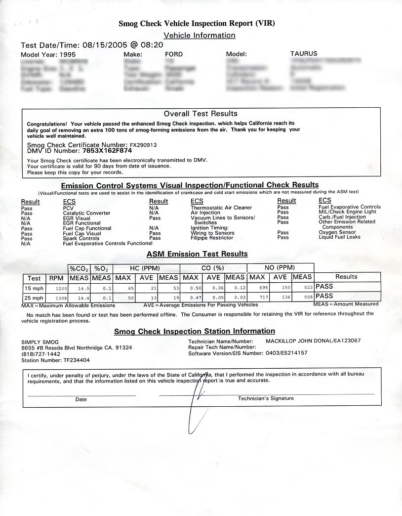 Scanned California Smog Check Vehicle Inspection Report for a 1995 Ford Taurus