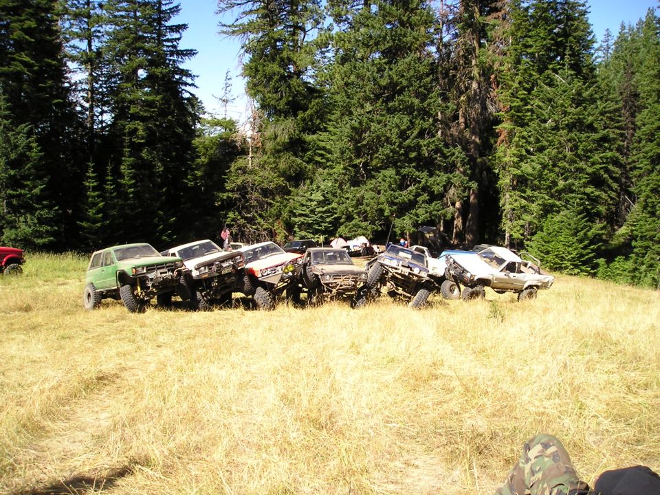 Row of lifted trail rigs and caged mini-trucks parked in a dry meadow forest camp