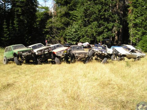 1989 Ford Bronco - A lineup of modified off-road trucks and SUVs parked in a row on a dry grassy clearing surrounded by tall evergreen trees. Vehicles include…