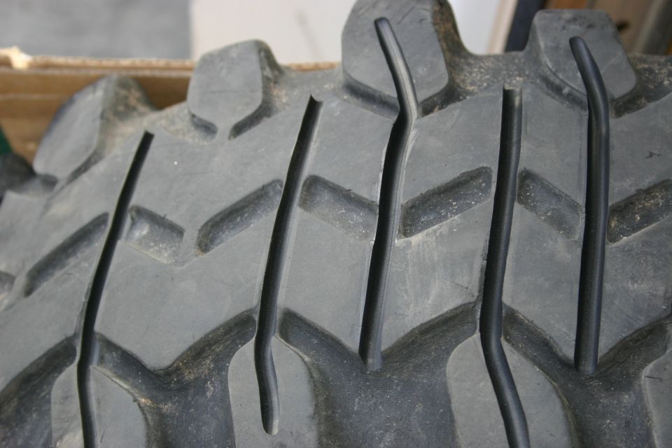 Close-up of a tire tread with deep grooves