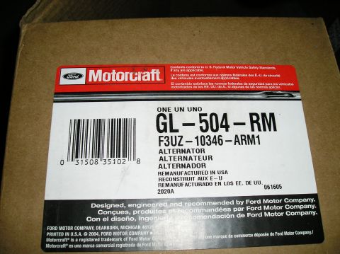 1993 Ford Bronco - Box for a remanufactured Motorcraft alternator, part number GL-504-RM.