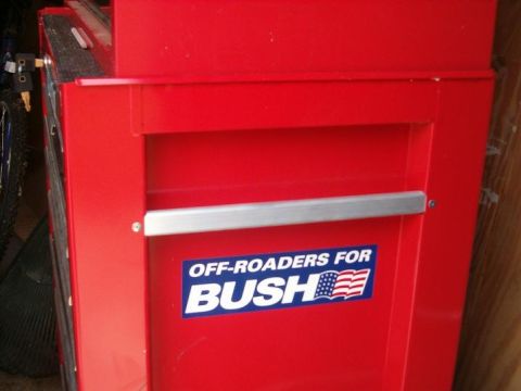 1995 Ford Bronco - A red toolbox features a sticker supporting "Bush" for off-roaders.