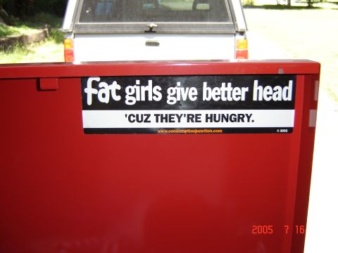 1993 Ford Bronco - A red toolbox with humorous stickers is attached to the tailgate of a white pickup truck.