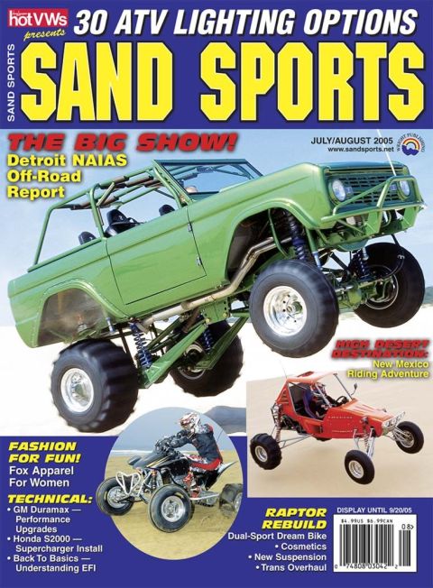 2005 BMW 3 Series - Cover of Sand Sports magazine a lifted green off-road vehicle and other recreational vehicles.