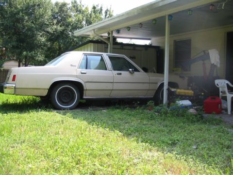 1985 Ford LTD Crown Victoria - A tan sedan is parked under a carport with overgrown grass in the foreground.