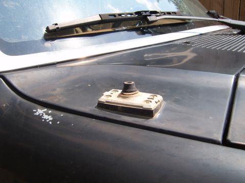 1988 Ford Bronco - Close-up of an antenna mount on the hood of a vehicle, with a windshield wiper in the background.