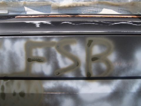 1988 Ford Bronco - A car's rear panel shows spray-painted letters and a website logo, indicating it is a part of a vehicle.