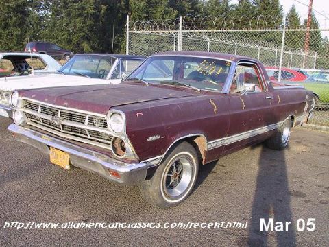 1970 Ford Ranchero - This 1967 Ford Ranchero shows signs of wear and tear, with a distinctive grille and chrome trim.