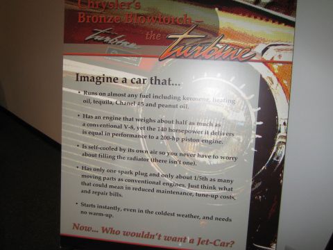 1968 Ford Mustang - Promotional display placard for Chrysler's Turbine car listing its multi-fuel engine and low-maintenance features.