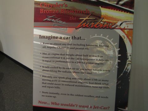 1968 Ford Mustang - Promotional display placard for Chrysler's Turbine car describing its multi-fuel jet engine advantages.