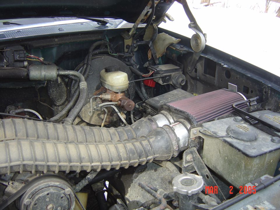 Engine bay with aftermarket air intake, master cylinder, and battery