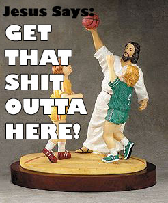 1995 Ford Bronco - Jesus is shown playing basketball with two children, with text overlayed.