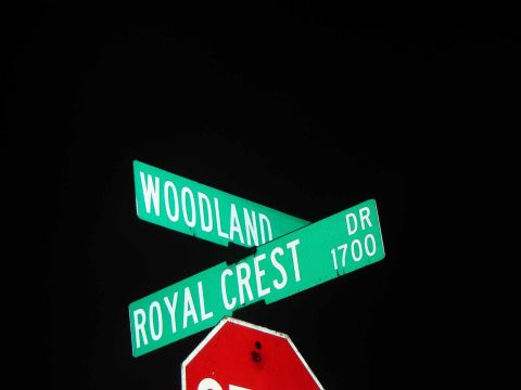 1988 Ford LTD Crown Victoria - Street signs indicate Woodland and Royal Crest DR 1700 at an intersection.