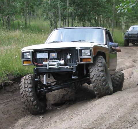 1981 Ford Bronco - This modified SUV navigates a dirt trail, its lifted suspension and large off-road tires.