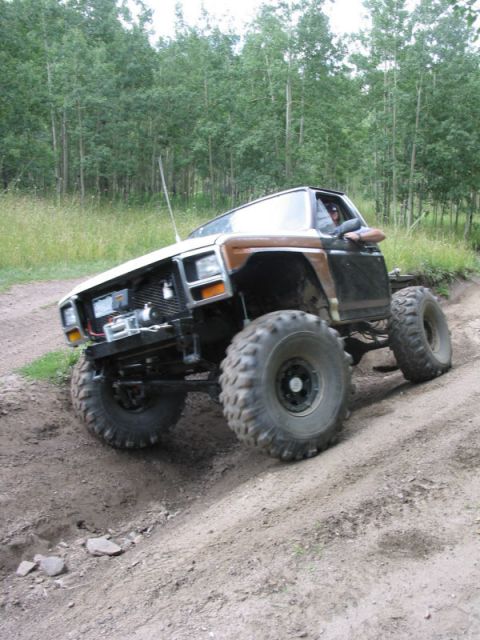 1981 Ford Bronco - This heavily modified SUV is tackling an off-road trail with large tires and a lifted suspension.