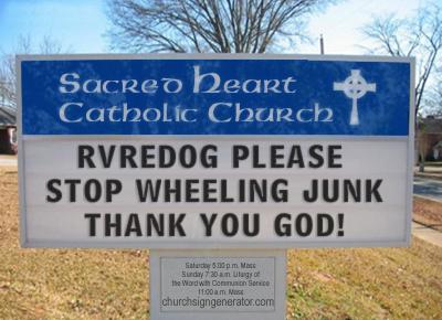 1978 Ford Bronco - A church sign displays a humorous message asking someone to stop 'wheeling junk'.
