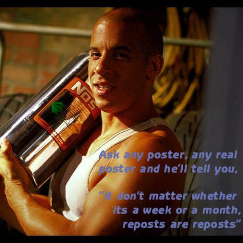 1995 Ford Bronco - Vin Diesel carries a NOS tank while text discusses reposts and SuperMotors.net.