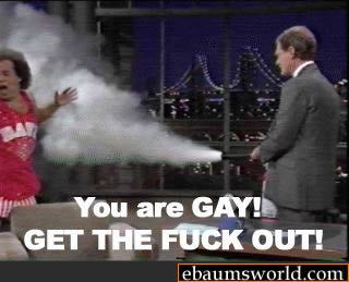 1995 Ford Bronco - Man sprays smoke at another man on a stage, text overlay reads 'You are GAY! GET THE FUCK OUT!'