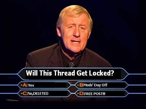 Meme with text 'Will This Thread Get Locked?' and multiple choice answers