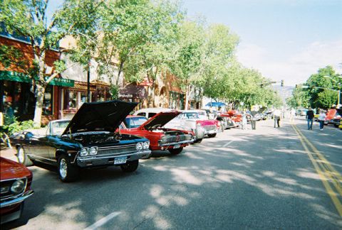 1972 Ford Ranchero - Several classic cars are lined up on a street, with their hoods open for display.