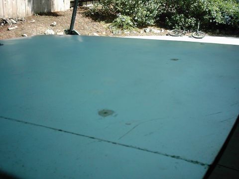 1978 Ford Bronco - A light blue painted surface is shown, with a bicycle visible in the background near a fence and bushes.