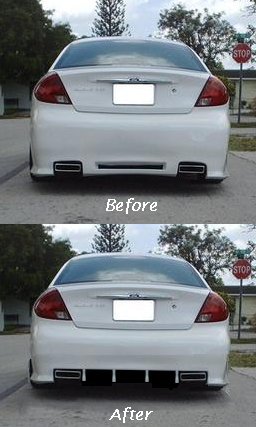 1999 Ford Taurus - Side-by-side view shows a rear bumper modification on a white sedan.