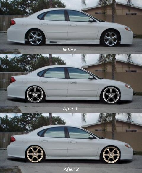 1999 Ford Taurus - Three-panel side-profile photochop comparison of a lowered white Ford Taurus sedan with tinted windows and side skirts, parked on a drivewa…
