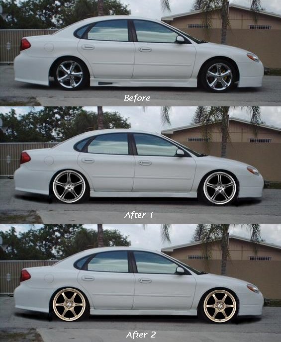 Three-panel wheel comparison of a lowered white Ford Taurus sedan: chrome, black-lip, then gold wheels