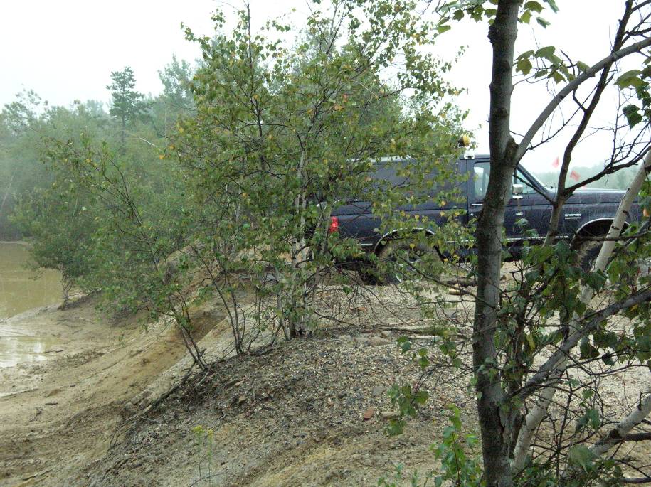 Black pickup truck parked on a dirt embankment next to a muddy area. Trees and foliage obscure much of the vehicle