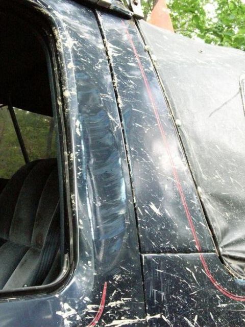 1995 Ford Bronco - Mud covers the exterior and interior of a vehicle, obscuring details.