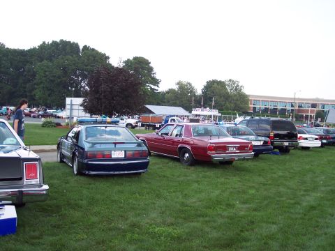 2001 Ford Crown Victoria - A red sedan and a dark green coupe are parked on a grassy field with other vehicles in the background.