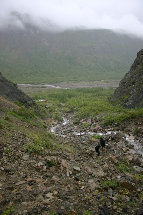 2003 Jeep TJ - A scenic view of a mountain valley with a stream flowing through it, two people and their dogs are descending a rocky incline.