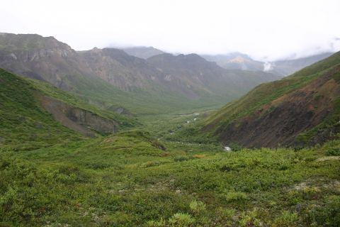 2003 Jeep TJ - A vast mountain valley unfolds, carved by a meandering river and blanketed in lush green vegetation under a cloudy sky.