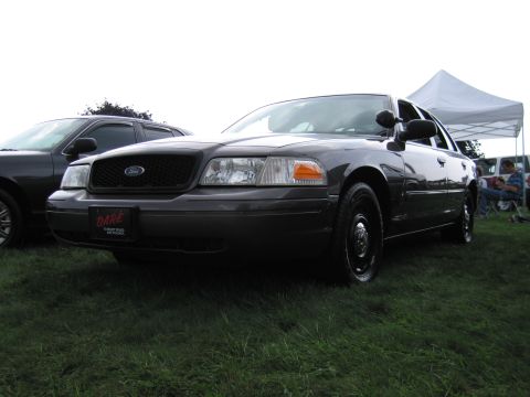 1991 Ford Crown Victoria - A dark Ford Crown Victoria sedan is parked on a grassy field, with another vehicle visible to its left.