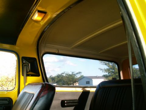 1979 Ford Bronco - Interior view of a yellow vehicle, showing seats and headliner, with a view of the outdoors.